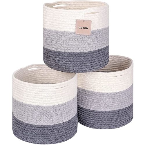 voten Woven Cotton Rope Round 11x11x11'' Storage Cubes Baskets Bins Organizer, 3-Tone Gray, 3-Pack