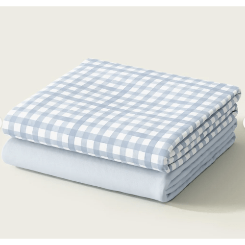 Nestig Mini Crib Sheet Set; "Blue" or "Sand" check and coordinating solid