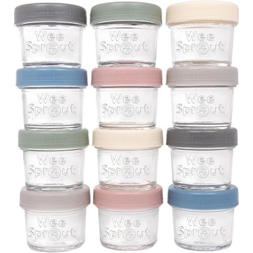WeeSprout Tarros de vidrio para almacenamiento de alimentos para bebés con tapas (4 onzas, 12 unidades) para aperitivos, puré, recipientes pequeños reutilizables, leche materna, refrigerador o