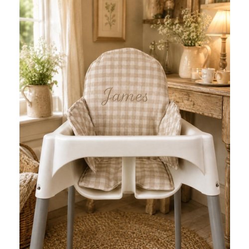 IKEA Antilop High Chair Cushion – Beige Gingham, Waterproof & Personal