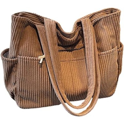 Corduroy Tote Bag for Women, Multiple Pockets Large Hobo Shoulder Bag for Office & Shopping, Zipper Casual Handbags