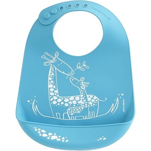 modern-twist Bucket-Bib 100% Food-Grade Silicone, Waterproof and Reusable, Giraffe Giggles – Electric Blue