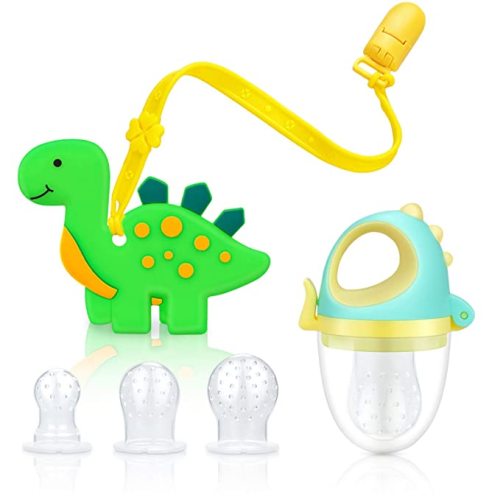 SHARE&CARE Dinosaur Baby Teething Toys Set, 1pc Dinosaur Teether, 1pc Dinosaur Food Feeder Pacifier with 3 Silicone Sacs, and 1pc Silicone Pacifier Clip (Green)