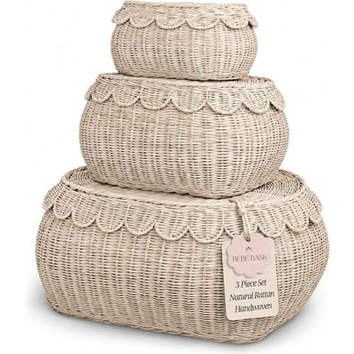 BEBE BASK Large Scalloped Basket Set Of 3 - Storage Basket 22 x 16 x 10 In
