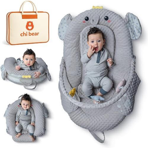 BabyNest -Infant Baby Lounger – Soft Minky Dot Floor Play Mat with Toy Arch & Pillow – Portable Tummy Time & Activity Mat (Grey Elephant)