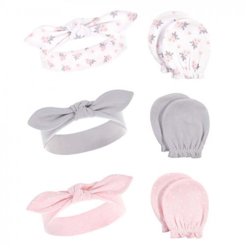 Hudson Baby Infant Girl Cotton Headband and Scratch Mitten 6pc Set, Pink Gray Floral, 0-6 Months