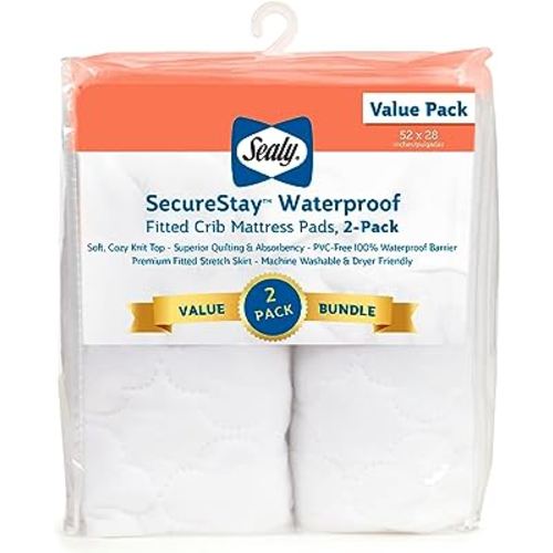 Sealy SecureStay 2-Pack Waterproof Fitted Toddler Bed and Baby Crib Mattress Pad Protector, Noiseless, Machine Washable and Dryer Friendly, 52" x 28"- White