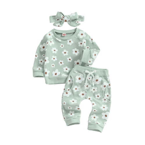 Loicainy Baby Toddler Girl 2Pcs Fall Spring Clothes Set 6 12 18 24 Months Flower Print Long Sleeve Crewneck Tops Pants Bow Headband Outfit