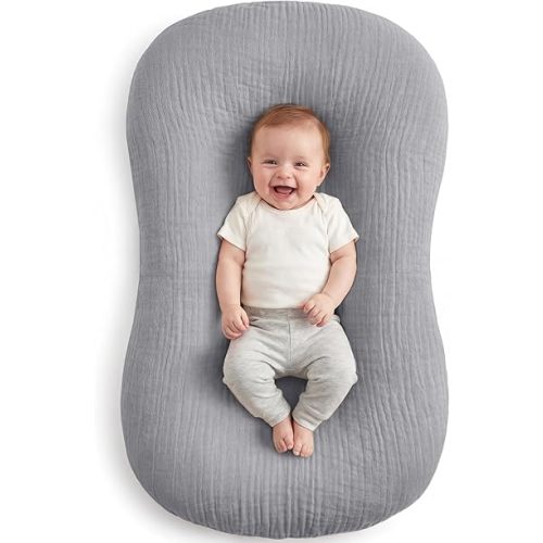 Muslin Baby Lounger Cover 1 Pack, Cotton Soft Breathable Infant Nest Slipcover, Envelope Closure, Compatible with Snuggle Me Loungers, Machine Washable, Cover Only, for Boys Girls(Gray)