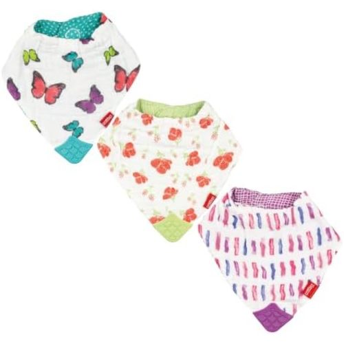 Nuby Reversible 100% Natural Cotton Muslin 3 Piece Teething Bib, Pink, Aqua, Purple, Flower, Butterfly, Stripes, Girl, 3 Count
