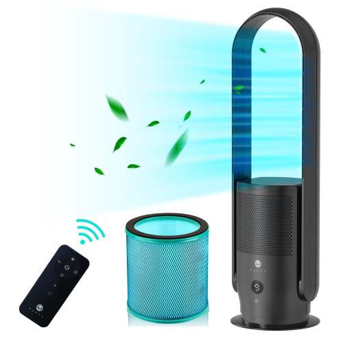 U ULTTY Bladeless Tower Fan and Air Purifier Combo, True HEPA Filter 99.97% Smoke Dust Pollen Dander, Oscillating Tower Fan with Remote Control CR022,Black/White