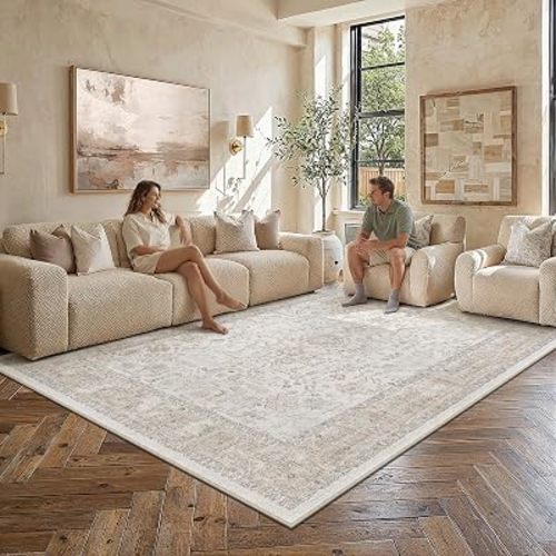 8x10 Washable Neutral Area Rug Living Room Beige Vintage Carpet