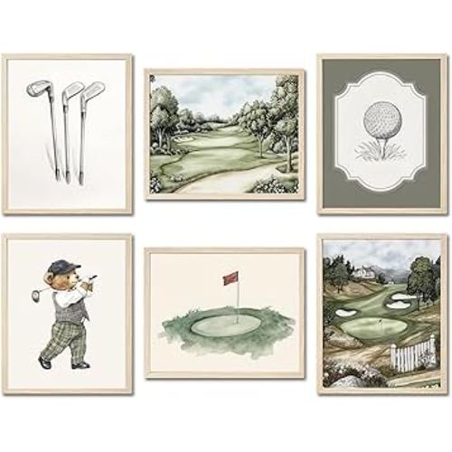 Mynotix Golf Nursery Canvas Poster Set of 6, Vintage Baby Boy Golf Sport Wall Art Teddy Bear Sage Green Kids Wall Decor Print for Living Room Bedroom Children's Room Unframed 8x10 inch