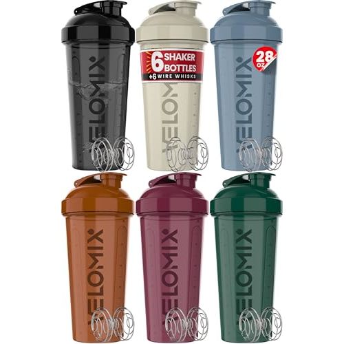 VELOMIX -6 PACK- 28 oz Protein Shaker Bottle for Protein Mixes - 6x Wire Whisk | Leak Proof Shaker Cups for Protein Shakes | Protein Shaker Bottle Pack | Protein Shake Cup (Earth Tones Collection)