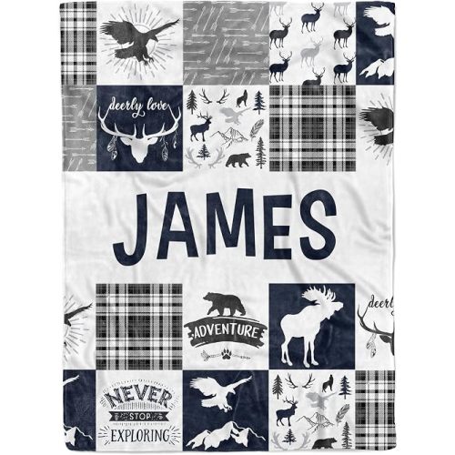 MDPrints Custom Baby Blankets for Boys, Customizaed Baby Boy Gifts with Name, Personalized Baby Blanket, Newborn Gift (Woodland 86)