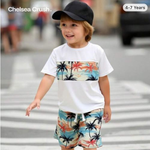 SHEIN 2pcs/Set Young Boy Casual Print Short Sleeve Round Neck T-Shirt And Shorts Suit, Suitable For Daily Leisure, Holiday, Sports Outdoor, Summer' | SHEIN USA