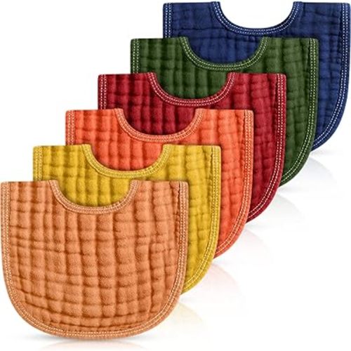 Frienda 6 Pcs Muslin Bibs Burp Cloths for Baby Teething Bandana Bibs 6 Absorbent Layer for Baby Boy Girl Cotton Burping Cloth(Bright Color)