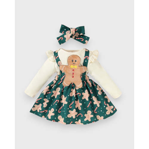 3 Pc Baby Girl Gingerbread Overall Dress Set