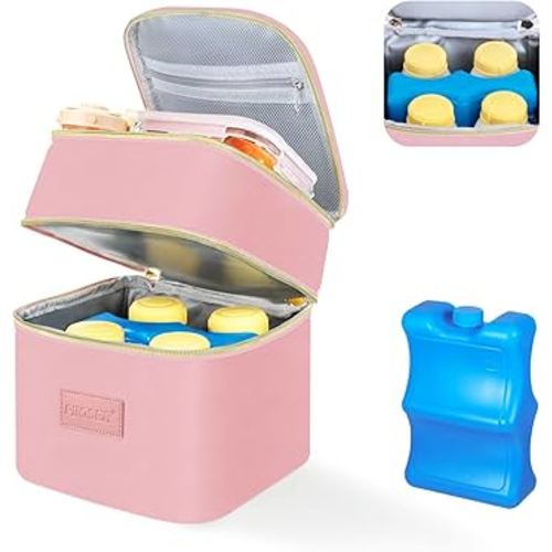 PIIOSER Breast Milk Storage Cooler Bag with Ice Pack, Fits 4 Baby Bottles Up to 5 Ounce, Small Insulated Breastmilk Cooler Travel Bag with Handle Buckle for Nursing & Working Mom Daycare(Pink-XS)