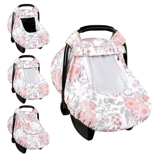 Car Seat Cover Baby, HNHUAMING Infant Car Seat Covers Canopy for Baby Girl Boy, Cozy & Windproof Newborn Carseat Covers Mink Dot Backing Stroller Cover with Breathable Mesh Window, Pink Floral