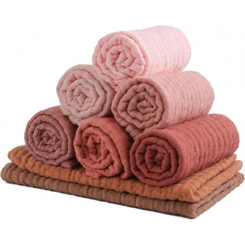 Muslin Burp Cloths for Baby Girls, Pack of 8, 6-Layer Large 20"x10" Organic Cotton Burping Cloths, Ultra Soft Absorbent, Spit Up Rags Drool Wash Cloths, Baby Registry Essentials
