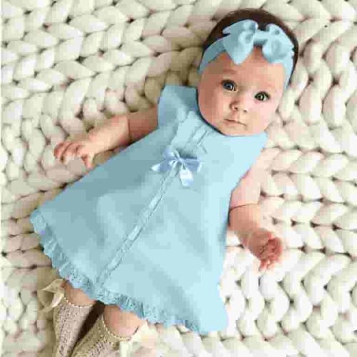LoyisViDion Baby Girls Dress Clearance Newborn Baby Girl Sleeveless Casual Maxi Bow Dress+Headband Set Outfit Blue 0-6 Months