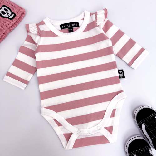 NOT SO BASIC FRILL SLEEVE DUSKY PINK STRIPE BODYSUIT – Skeletots