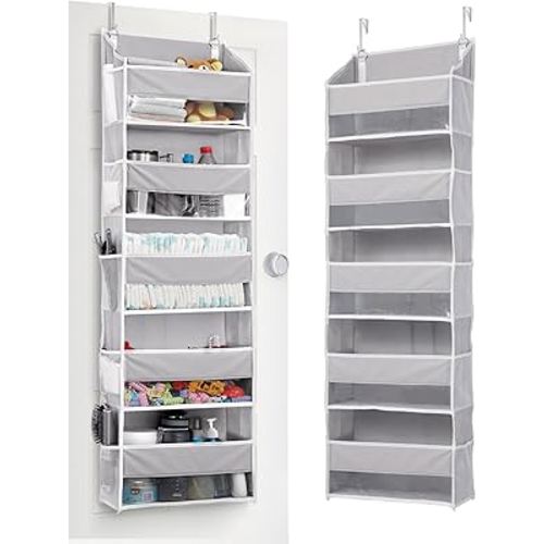 ULG 1 Pack Over Door Organizer with 5 Large Pockets 10 Mesh Side Pockets, 44 lbs Weight Capacity Hanging Storage Organizer with Clear Window for Kids Toys, Shoes, Diapers, Grey, 5 Layer