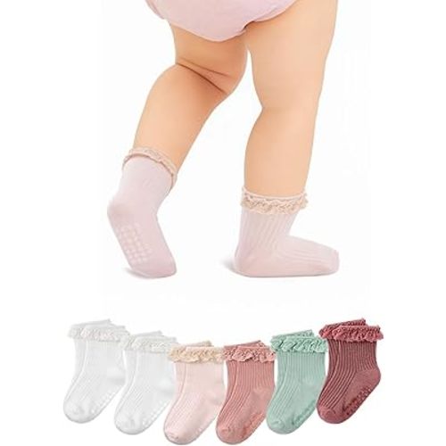 Zando 6 Pairs Toddler Girls Non Slip Ruffle Ankle Socks with Grips