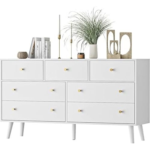White 7 Drawer Dresser for Bedroom, 55'' Dressers & Chests of Drawers with Gold Handles, Modern Double Dressers for Bedroom, Hallway