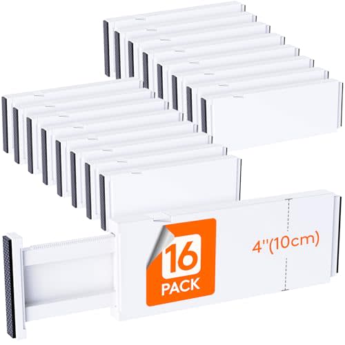 Lifewit 16 Pack Drawer Dividers 4" High, 11-17" Adjustable Drawer Organizers for Clothes, Expandable Dresser Separators in Bedroom/Bathroom/Kitchen/Fridge/Office Organization and Storage,White