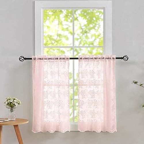 Kitchen Curtains Set for Windows - Short Pink Curtains for Girls Room, 36 Inch Length Flower Lace Cafe Net With Scalloped Edges, Privacy Blinds Shade for Girly Living Room, Set of 2 Panels