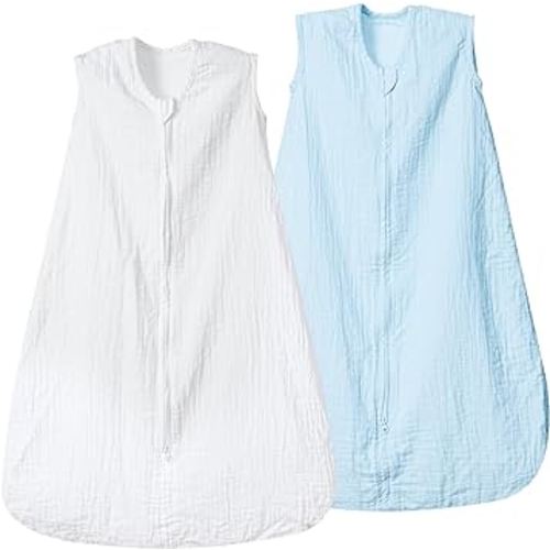 david's kids Muslin Cotton Baby Sleep Sack 12-18 Months, 2 Pack 100% Cotton Sleeping Bag for Summer, TOG 0.5 Baby Wearable Blankets with 2-Way Zipper, Soft Sleep Sack for Newborn Infant, White & Blue