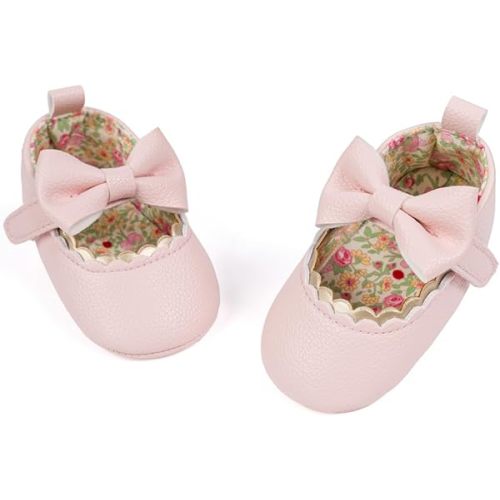 Meckior Newborn Baby Girls Dress Shoes Infant Bowknot Soft Sole Mary Jane Moccasins Baptism Christening Crib Shoes Wedding Princess Flats