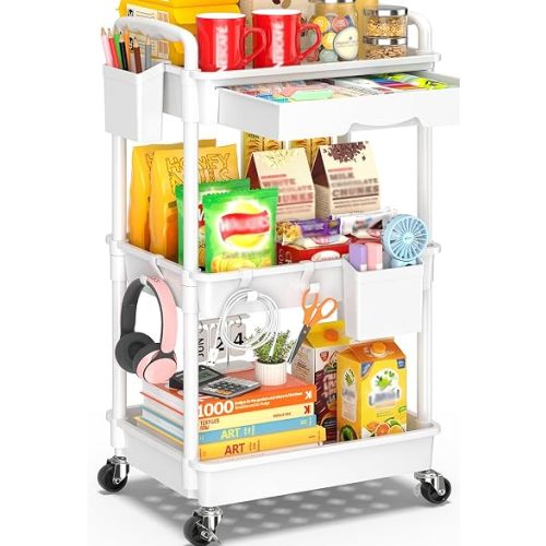 SUNALLY 3 Tier Rolling Cart with Drawer, Bathroom Storage Organizer with 2 Lockable Wheels, Multifunctional Rolling Storage Cart for Bathroom, Kitchen, Office, Craft, Makeup, Baby Essentials, White