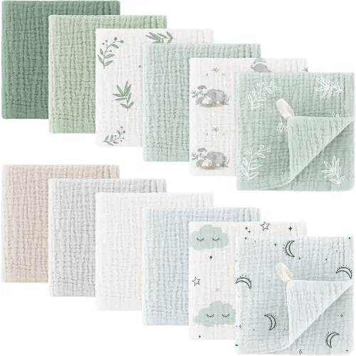 Bearmoss Muslin Baby Washcloths 100% Cotton Baby Bath Wash Cloth Ultra-Absorbent Burp Cloth Soft Baby Face Towel for Newborn Baby Boy and Girl, 10x10inch 12Pack(Forest)