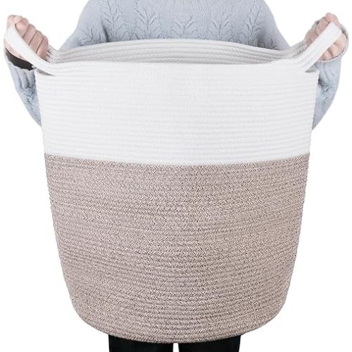 60L Woven Laundry Basket, Tall Laundry Basket for Dirty Clothes, Blanket, Toy, Large Storage Hamper for Comforter, Cushions in Bathroom, Nursery, Baby Room and Living Room (White & Brown)