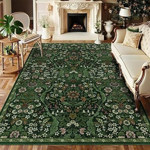 5×7 Dark Green Washable Floral Area Rug,Vintage Boho Soft Low-Pile Living Room Rugs, Stain Resistant Botanical Non-Slip Carpet for Bedroom,Dining Room, Kids Nursery,Home Decor
