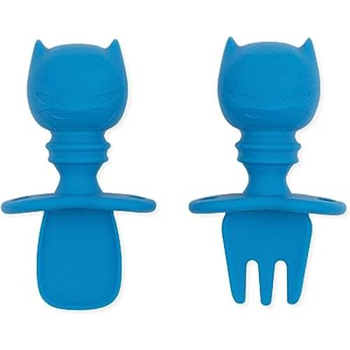Bumkins Baby Utensils Set, Chewtensils Silicone Spoons for Dipping, Self-Feeding, Baby Led Weaning, Trainer Learning, First Stage Eating, Soft Practice Fork and Spoon, 6 Months, Batman Blue
