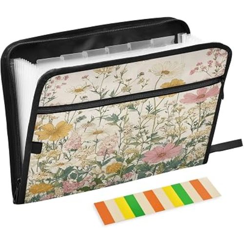 Pink Beige Flowers Accordion File Organizer Expanding Document Folder with 13 Pockets Portable File Folder for A4 Letter Size