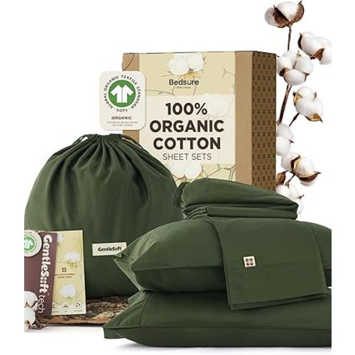 Bedsure 100% GOTS Certified Organic Cotton Sheets, King Size Sheets Set, 17" Deep Pocket Bedsheets with Corner Straps, Eco-Friendly, Soft & Luxury PureWoven Cotton Hotel Bedding, Olive Green