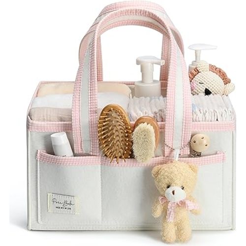 PeraBella Diaper Caddy Organizer with Handle, Baby Shower Gifts Basket Bag, Registry Search Must Haves Items, Nursery Storage Organizer for Newborn Girl Boy, Baby Bag Essentials, Car Diaper Caddy Cart