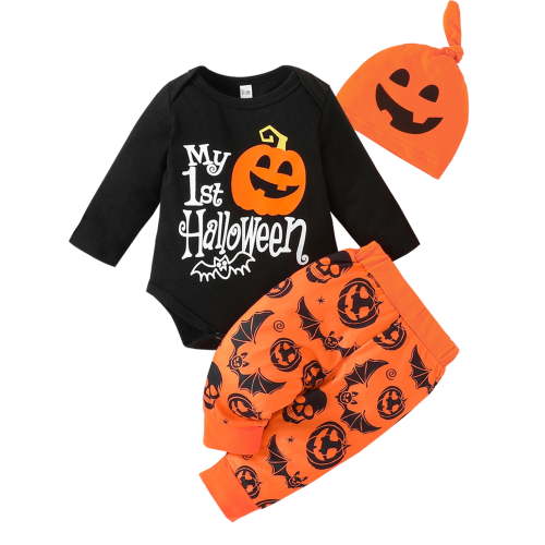 ENFLASH My First Halloween Baby Boy Outfit Newborn Long Sleeve Romper Pants Hat Baby Pumpkin Clothes 0-18 Months