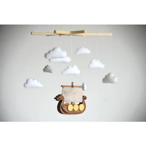 Viking Boat Baby Mobile: Handmade Felt Clouds, Ocean Nursery Decor