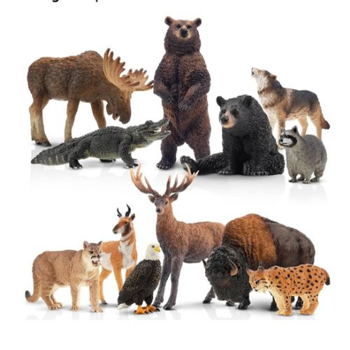 Toymany 12PCS North American Forest Animal Figurines, Realistic Jungle Animal Set Includes Moose,Cougar,Wolf,Bear,Eagle,Deer Educational Toy Cake Toppers Christmas Birthday Gift for Toddlers Kids 3-5