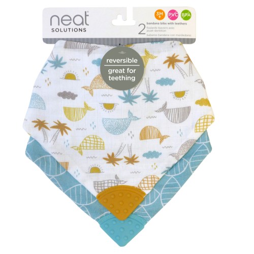 NEAT SOL 2PK REVERSIBLE MUSLIN BIB WITH SILICONE TEETHER FBT081