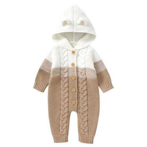 FYMNSI Newborn Baby Girl Boy Hooded Romper Infant Button Down Knitted Jumpsuit Fall Winter Clothes 0-3 Months Khaki