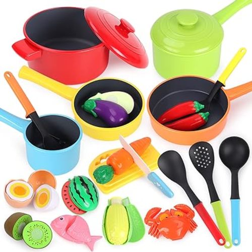 GILOBABY Kids Play Kitchen Accessories - Complete Cooking Toy Set with Pots, Pans & Utensils for Toddlers 1-3, Learning Educational Pretend Play Gift for Girls (Pink)