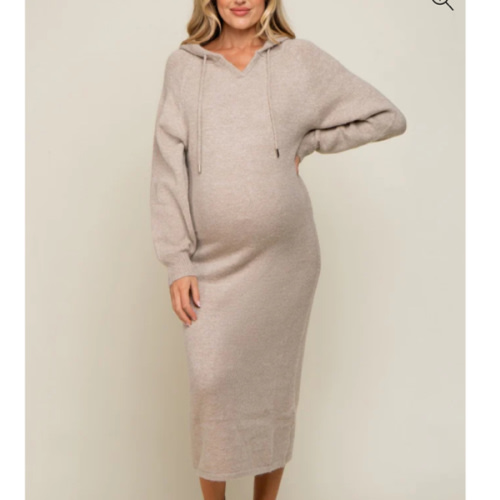 Beige Hooded Maternity Sweater Midi Dress– PinkBlush
