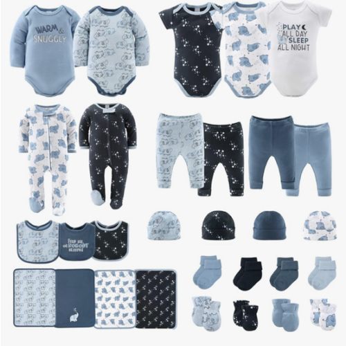 The Peanutshell Baby Layette Gift Set for Boys - 30 Piece Layette Set, Newborn to 9 Months Baby Boy Clothes - Elephant Blue